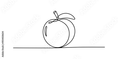 A minimalist continuous line drawing depicting a single apple or peach with a leaf and stem. Vector, illustration