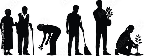 Silhouettes of people gardening and standing, including elderly couple planting tree