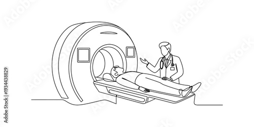 A doctor preparing a patient for a medical scan using a large imaging machine like an mri or ct scanner Vector, illustration