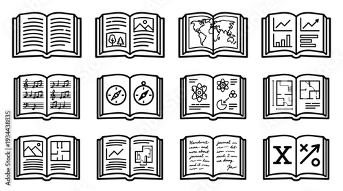 Set of twelve open book icons representing various subjects like science, geography, music, and business in a clean black and white outline vector illustration style