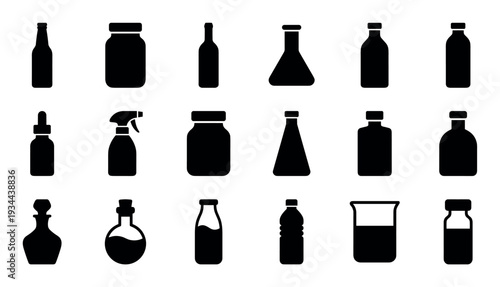 Large collection of black bottle silhouettes and container icons in various shapes and sizes, including jars, flasks, beakers, and sprayers for different products