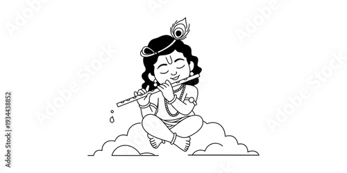 Black and white line art of baby krishna playing the flute, a symbol of divine love and joy. Vector, illustration