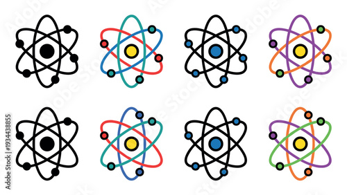 Collection of colorful and monochrome atom icons showing a nucleus with orbiting electrons, a flat vector illustration set for science, physics, and technology concepts