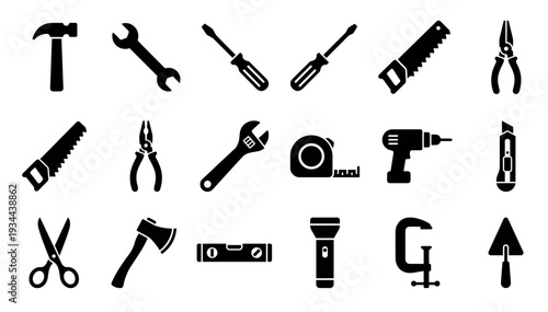 Large set of black work tool icons for construction and DIY projects, including a hammer, saw, drill, wrench, and pliers, presented in a clean, flat vector silhouette style