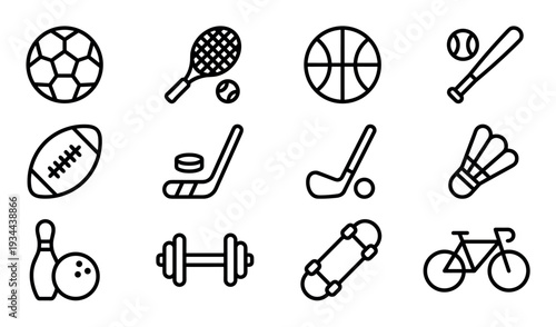 Collection of black line art icons representing various sports equipment and activities, including soccer, basketball, tennis, fitness, and cycling in a minimal pictogram set