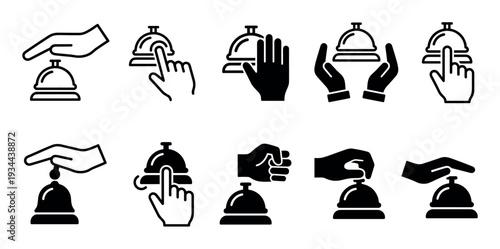 Collection of black service bell icons with hands in various line art and solid silhouette styles illustrates ringing for assistance, customer support, and hospitality