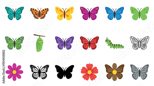 Colorful collection of butterfly and insect icons including a caterpillar, chrysalis, and flowers, illustrating the life cycle and metamorphosis in a flat vector graphic style