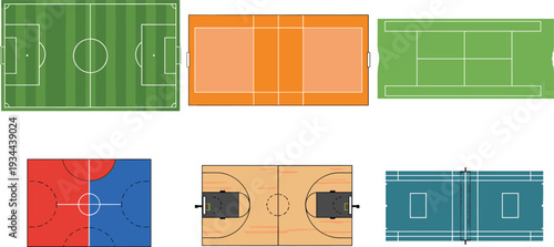 Various sports courts fields and playground layouts top view vector set