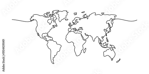 A minimalist continuous line drawing depicting the world map with continents outlined in a simple, artistic style Vector, illustration