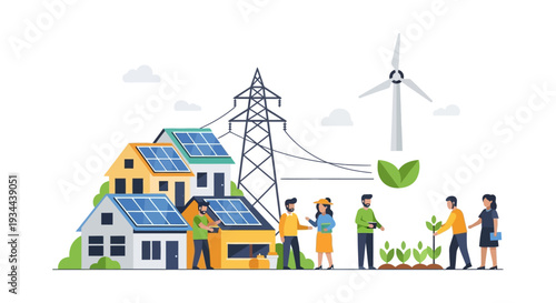 Sustainable Energy Ecosystem: Solar Homes, Wind Power, Green Community & Smart Grid Connection Illustration