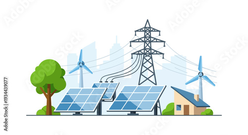 Sustainable Energy Grid with Solar Panels, Wind Turbines, Power Lines & House. Green Electricity Generation & Distribution Concept.