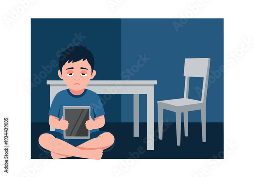 Modern vector illustration of child using tablet alone in dark bedroom at night. Screen addiction, excessive device use and digital overexposure concept for parenting and child mental health