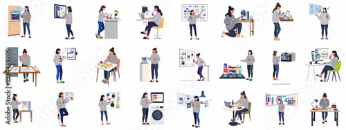 Woman developing smart home technology, designing user interfaces, and analyzing data for innovative appliance control and interconnected living solutions.