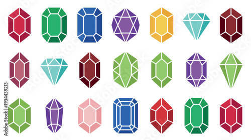 Colorful collection of faceted gemstone icons in various shapes and cuts, showcasing a vibrant palette of precious jewels in a clean, flat vector illustration style