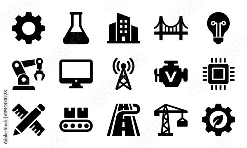 Set of black engineering and industry glyph icons representing concepts like technology, construction, manufacturing, science, and innovation in a clean minimalist style