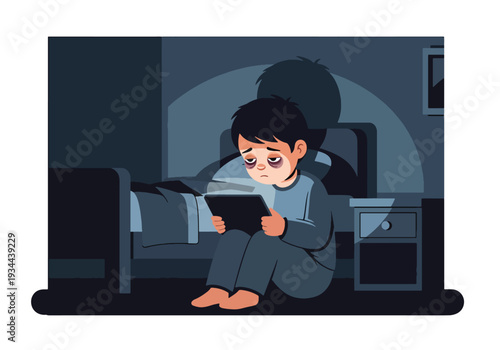 Modern vector illustration of child using tablet alone in dark bedroom at night. Screen addiction, excessive device use and digital overexposure concept for parenting and child mental health