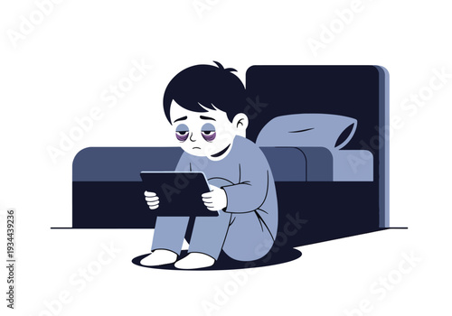 Modern vector illustration of child using tablet alone in dark bedroom at night. Screen addiction, excessive device use and digital overexposure concept for parenting and child mental health