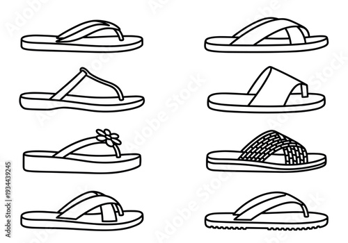 Eight different styles of summer sandals and flip-flops shown as a black and white line art icon set with various strap designs and soles for beach or casual wear