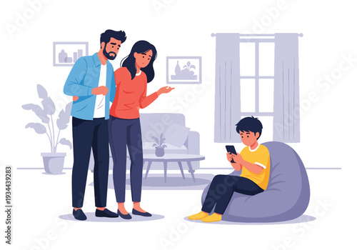 Modern vector illustration of parents worried while child ignores them using smartphone. Family communication problem and gadget addiction concept in contemporary home interior