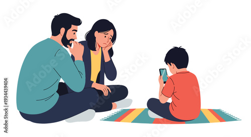 Modern vector illustration of parents worried while child ignores them using smartphone. Family communication problem and gadget addiction concept in contemporary home interior