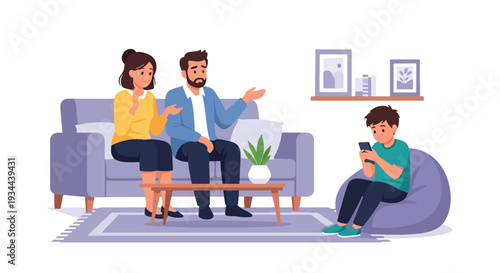Modern vector illustration of parents worried while child ignores them using smartphone. Family communication problem and gadget addiction concept in contemporary home interior