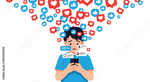 Modern vector illustration of child surrounded by social media icons while holding phone. Digital overload, online pressure and screen addiction concept for youth mental wellbeing
