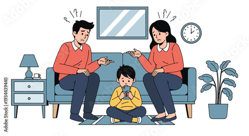 Modern vector illustration of parents worried while child ignores them using smartphone. Family communication problem and gadget addiction concept in contemporary home interior