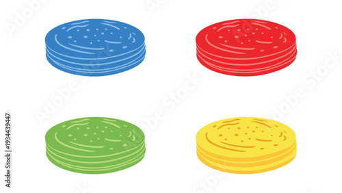 Four stacks of colorful frisbees displayed in a grid formation