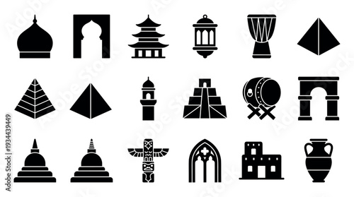 Collection of black silhouette icons representing world cultures, landmarks, and historical artifacts in a simple glyph style for travel and tourism concepts