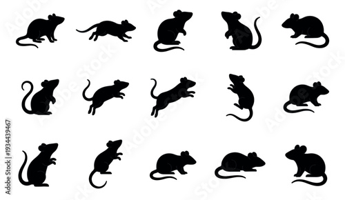 Fifteen black mouse and rat silhouettes in various dynamic poses including running, jumping, sitting, and standing, presented as a simple flat vector graphic illustration set