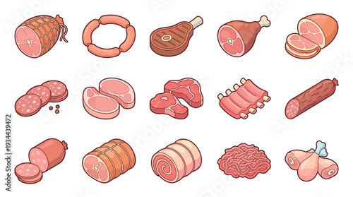 Large collection of cartoon meat products including ham, sausage, steak, ribs, and minced beef, illustrated as a colorful icon set for grocery or butchery concepts