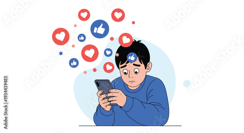 Modern vector illustration of child surrounded by social media icons while holding phone. Digital overload, online pressure and screen addiction concept for youth mental wellbeing