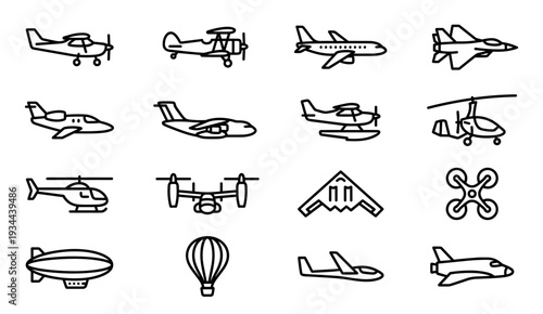 Diverse collection of aircraft line icons featuring various flying vehicles like planes, helicopters, drones, a blimp, and a hot air balloon, rendered in a clean minimalist style