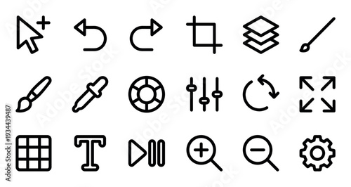 Set of black line art icons for a user interface, including tools for photo editing like crop, layers, brush, zoom, and settings, presented in a clean, minimalist style