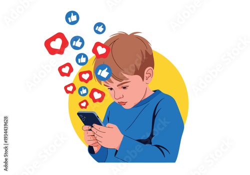 Modern vector illustration of child surrounded by social media icons while holding phone. Digital overload, online pressure and screen addiction concept for youth mental wellbeing