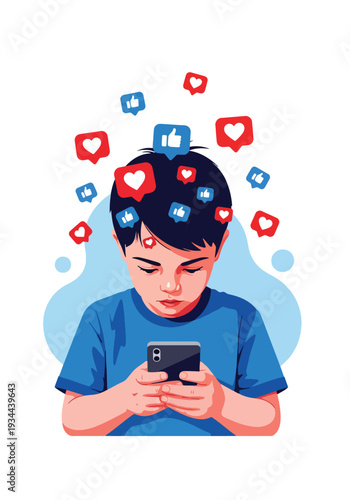 Modern vector illustration of child surrounded by social media icons while holding phone. Digital overload, online pressure and screen addiction concept for youth mental wellbeing