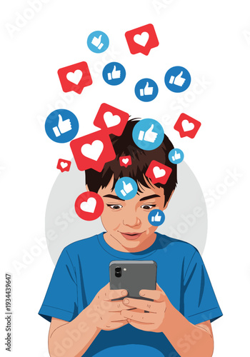 Modern vector illustration of child surrounded by social media icons while holding phone. Digital overload, online pressure and screen addiction concept for youth mental wellbeing