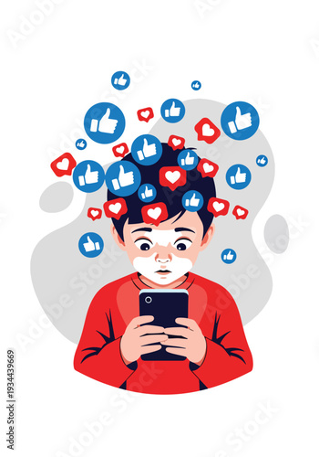 Modern vector illustration of child surrounded by social media icons while holding phone. Digital overload, online pressure and screen addiction concept for youth mental wellbeing