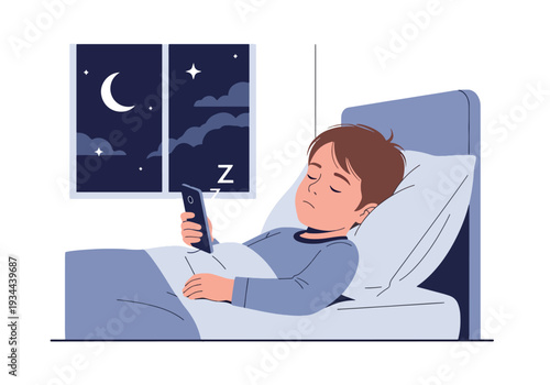 Modern vector illustration of child using smartphone late at night in bedroom. Sleep disruption and excessive screen exposure concept affecting childhood health and wellbeing