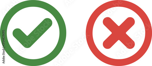 Approval and rejection icons set with green check mark, red X, correctness, validation, acceptance, disapproval, decision