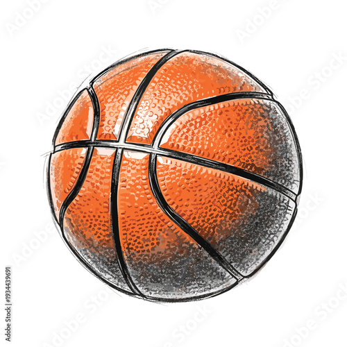Hand-drawn illustration of a classic orange basketball with black lines and textured surface