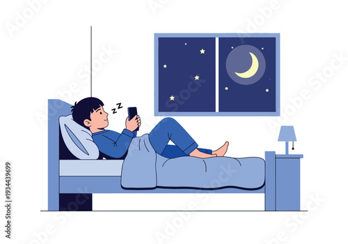 Modern vector illustration of child using smartphone late at night in bedroom. Sleep disruption and excessive screen exposure concept affecting childhood health and wellbeing