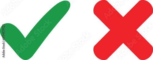 Approval and rejection icons set with green check mark, red X, correctness, validation, acceptance, disapproval, decision