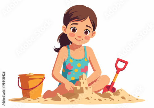 bambina sulla sabbia in spiaggia mentre costruisce un castello e gioca in riva al mare estate in costume da bagno vettoriale 