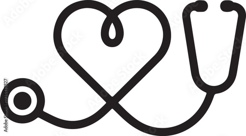 A black medical stethoscope symbol, A simple black silhouette icon of a stethoscope with a heart symbol healthcare and medical care