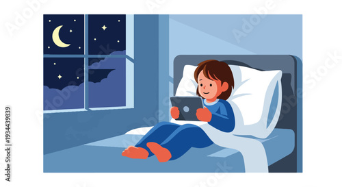 Modern vector illustration of child using smartphone late at night in bedroom. Sleep disruption and excessive screen exposure concept affecting childhood health and wellbeing