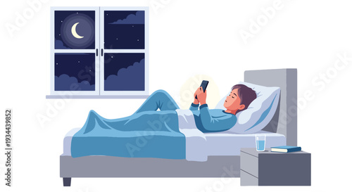 Modern vector illustration of child using smartphone late at night in bedroom. Sleep disruption and excessive screen exposure concept affecting childhood health and wellbeing