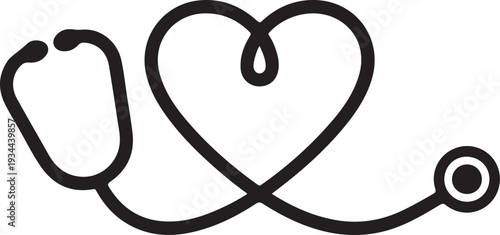 A black medical stethoscope symbol, A simple black silhouette icon of a stethoscope with a heart symbol healthcare and medical care