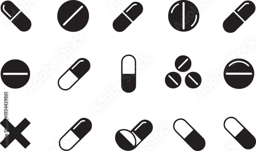 Medical icons pattern featuring pills and tablet vector. Black and white Pills with capsules icon set for medicine, pharmacy, and healthcare vector illustration