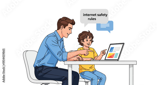 Modern vector illustration of father explaining internet safety rules to child using laptop. Digital awareness and responsible technology use parenting concept